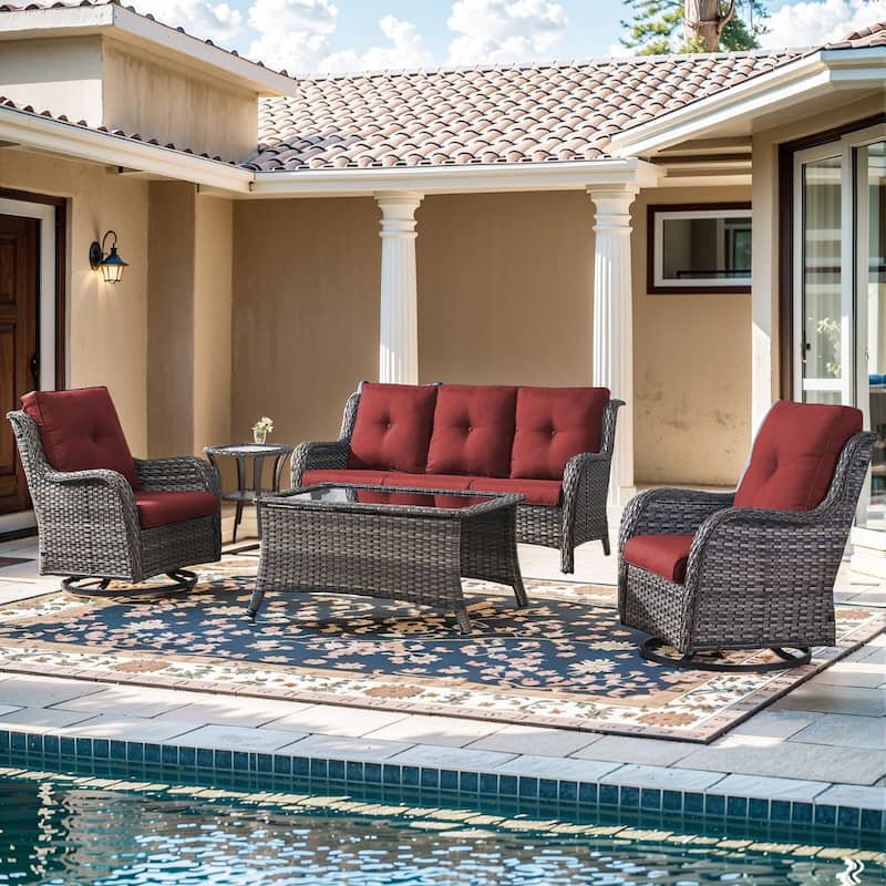 Pocassy Outdoor 4 Inch Sofa Swivel Chairs Table - Grey Wicker Red Cushion - 5 Pieces 3-Seat Sofa Swivel Chair Table