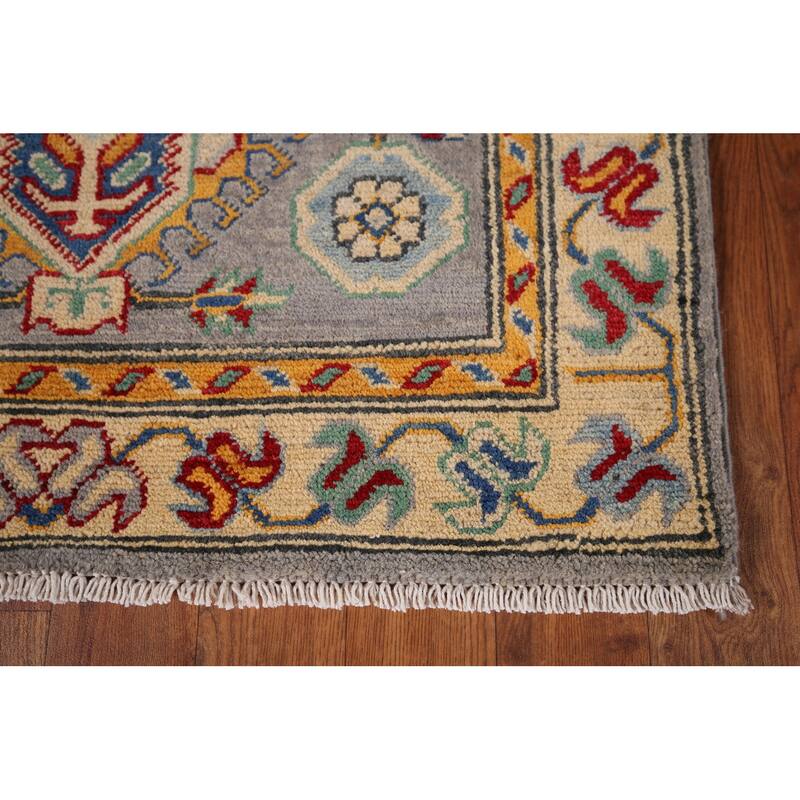 Geometric Kazak Runner Rug Hand-Knotted Grey Wool Carpet - 2'7" x 16'3"