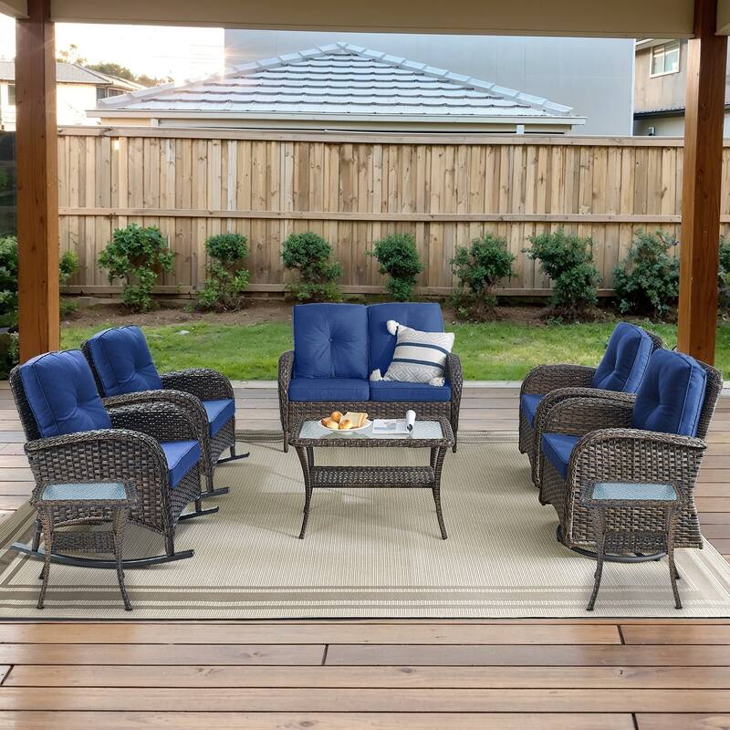 Gymojoy Outdoor Wicker Patio Furniture Loveseat and Chair Set Weather-Resistant - Loveseat Set - Swivel Chairs & Rocking Chairs - Brown Wicker / Blue Cusion