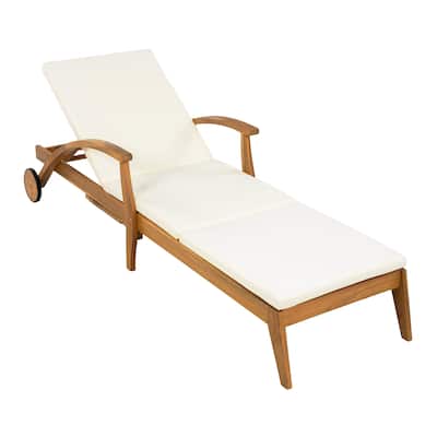 Wood Outdoor Chaise Lounge Chair with Wheels and Cushion, Adjustable Backrest for Patio Garden Poolside