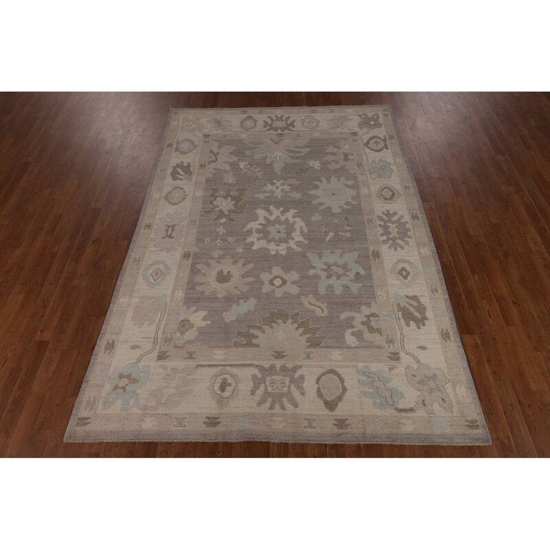 Oushak Turkish Area Rug Hand-Knotted Transitional Beige Wool Carpet - 6'2"x 8'11"