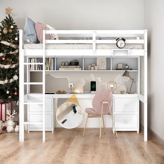 Modern Full Size Loft Bed With Desk,Cabinets,Drawers And Bedside Tray,Charging Station,For Bedroom