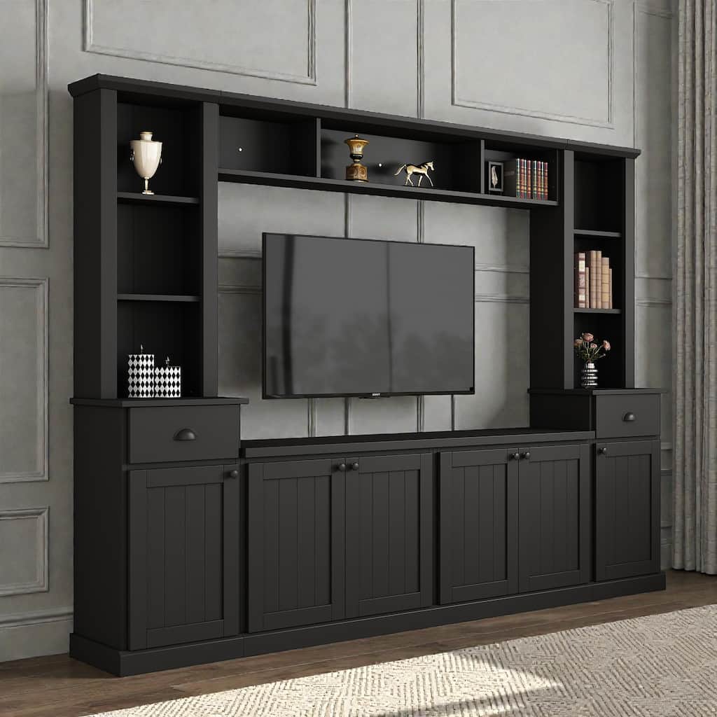 Modern Entertainment Wall Unit with Bridge for TVs up to 75", Large TV Stand Set with Adjustable Shelves and Storage, 103"