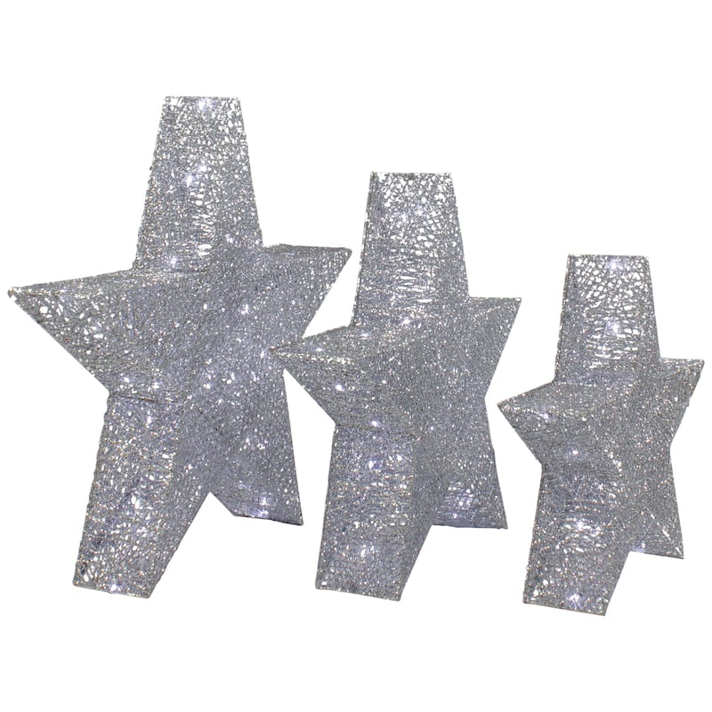 Set of 3 LED Lighted Silver Stars Outdoor Christmas Decorations 24"