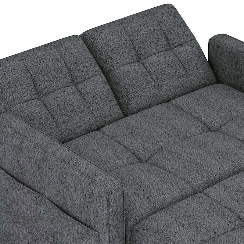 3-in-1 Sleeper Sofa with Iron Frame Pull-Out Bed, Linen Futon Couch with Reclining Backrest and Side Pocket