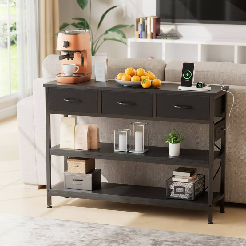 43.3" Console Table with 3 Fabric Drawers, Power Outlets & USB Ports