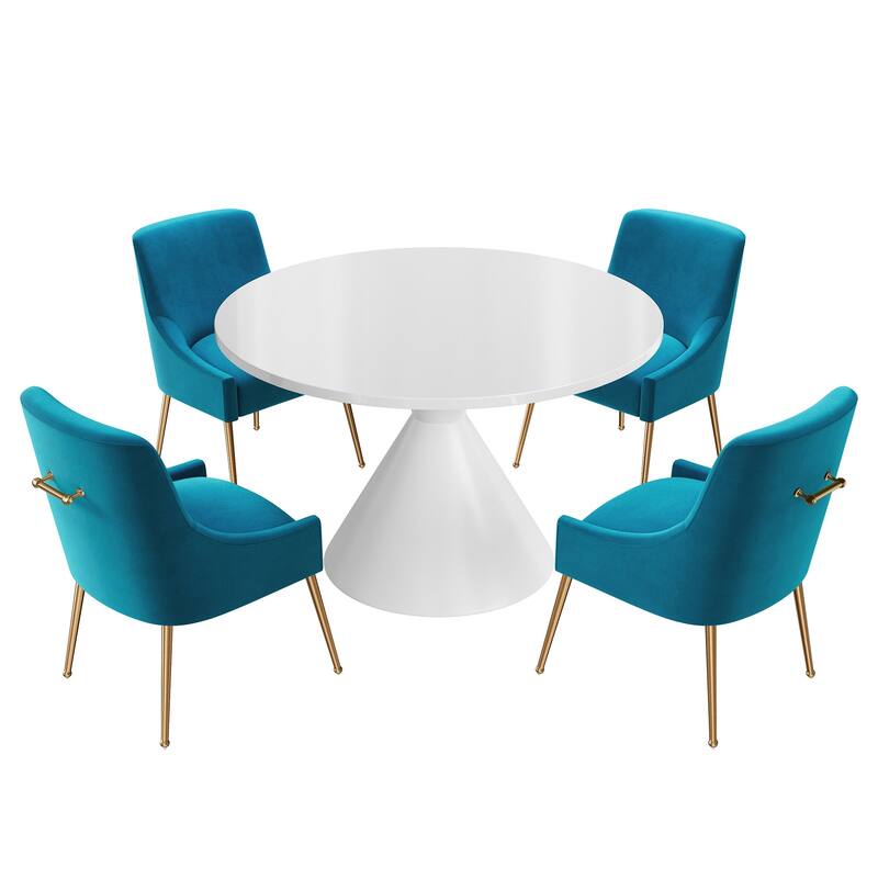 48" Light Luxury White High Gloss Large Countertop Dining Table with Velvet Dining Chair Set - Light Blue