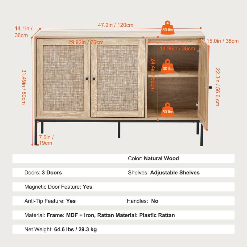 47i Ich Natural Rattan Storage Cabinet with 3 Magnetic Doors and Adjustable Shelves - 47.2 x 14.1 x 31.5 in