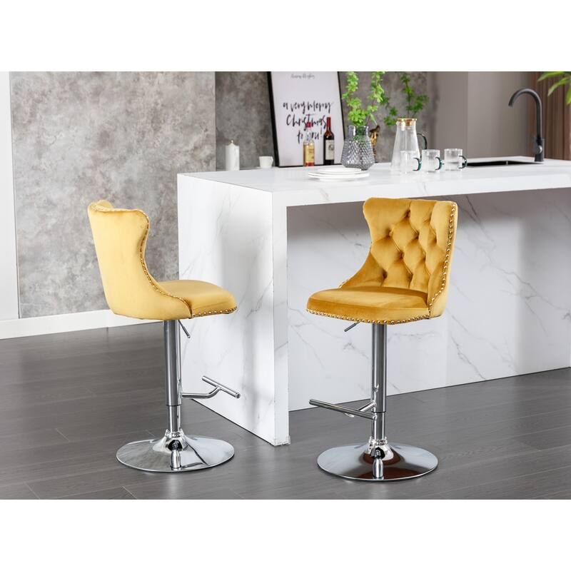 Velvet Swivel Bar Stools Set of 2, Adjusatble Height Upholstered Bar Stools, Breakfast Stools with Tufted Back