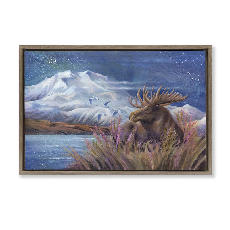 Stupell Moose & Snowy White Mountain Framed Floater Canvas Wall Art Design By Jody Bergsma - 31 x 21 - Brown