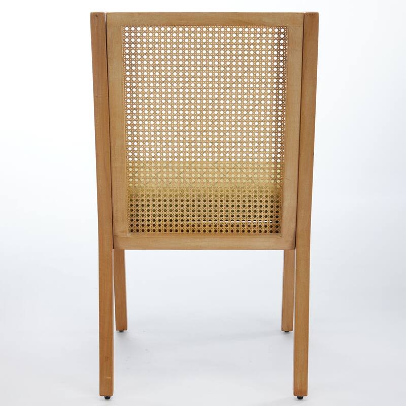 Rattan Dining Chairs, Solid Wood Frame with Decorative Armrests, Linen Upholstered Seat, Wooden Style Side Chairs,Single Pack