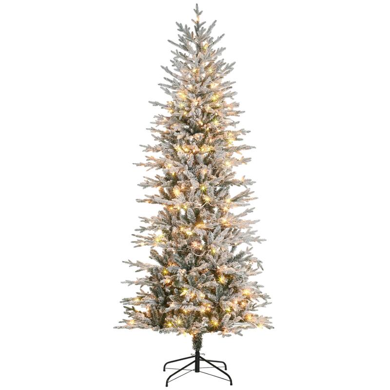 7.5ft Tall Prelit Artificial Christmas Tree Holiday Décor with 850 Snow Flocked Branches, 350 Warm Yellow Clear Lights - Green