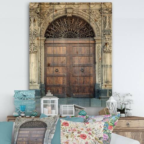 Designart 'Old Door in Catania, Italy' Vintage Print on Natural Pine Wood - Brown