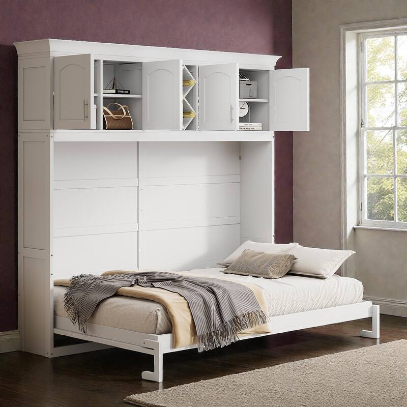 Queen Murphy Bed with Upper Cabinets and Wine Rack, Space-Saving Foldable Wall Bed with Slats