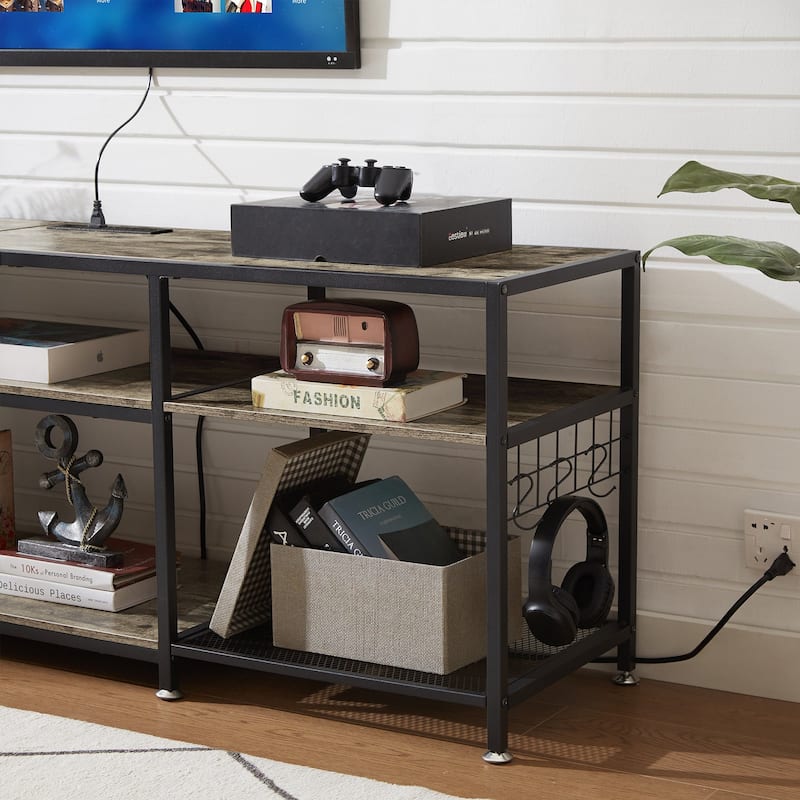 VECELO Wood TV Stand with Charging Station with Metal Frame, Storage Shelves Entertainment Center TV Cabinet
