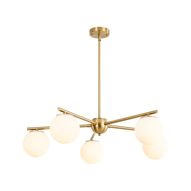 5-Light Brass Globe Chandelier, Modern Mid-Century Pendant for Living Room & Dining Room - 5 Light