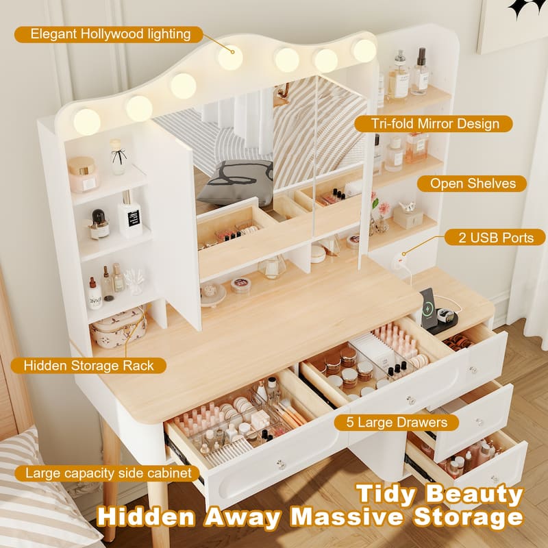 Makeup Vanity Desk with Tri-Fold LED Mirror, USB Charging Ports, 2 Drawers and 3-Drawer Chest