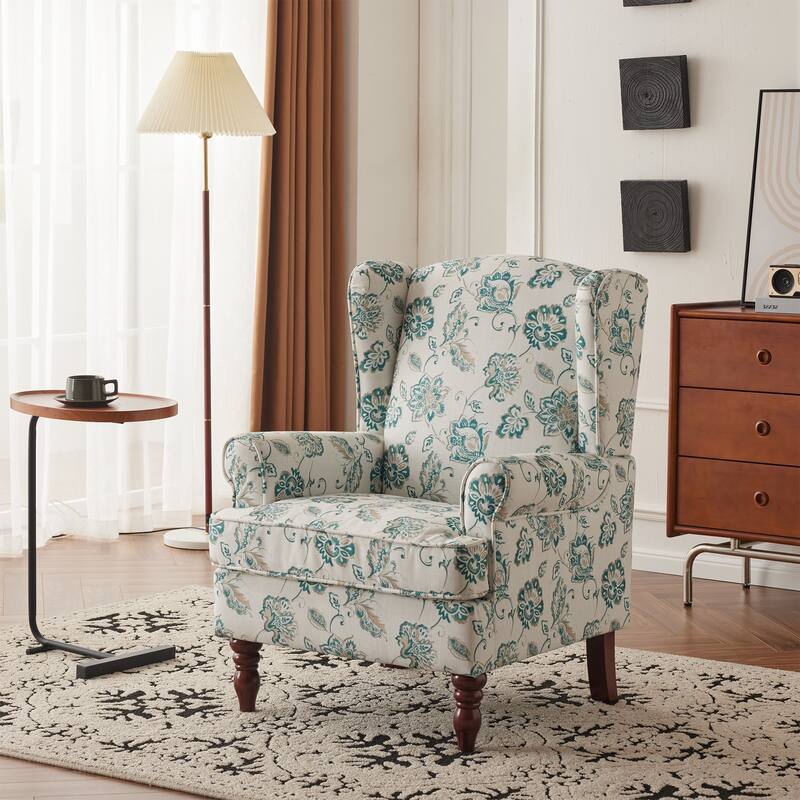 Erommy Modern Accent Chair, High Back Armchair, Upholstered Fabric Button Single Sofa with Wooden Legs for Living Room