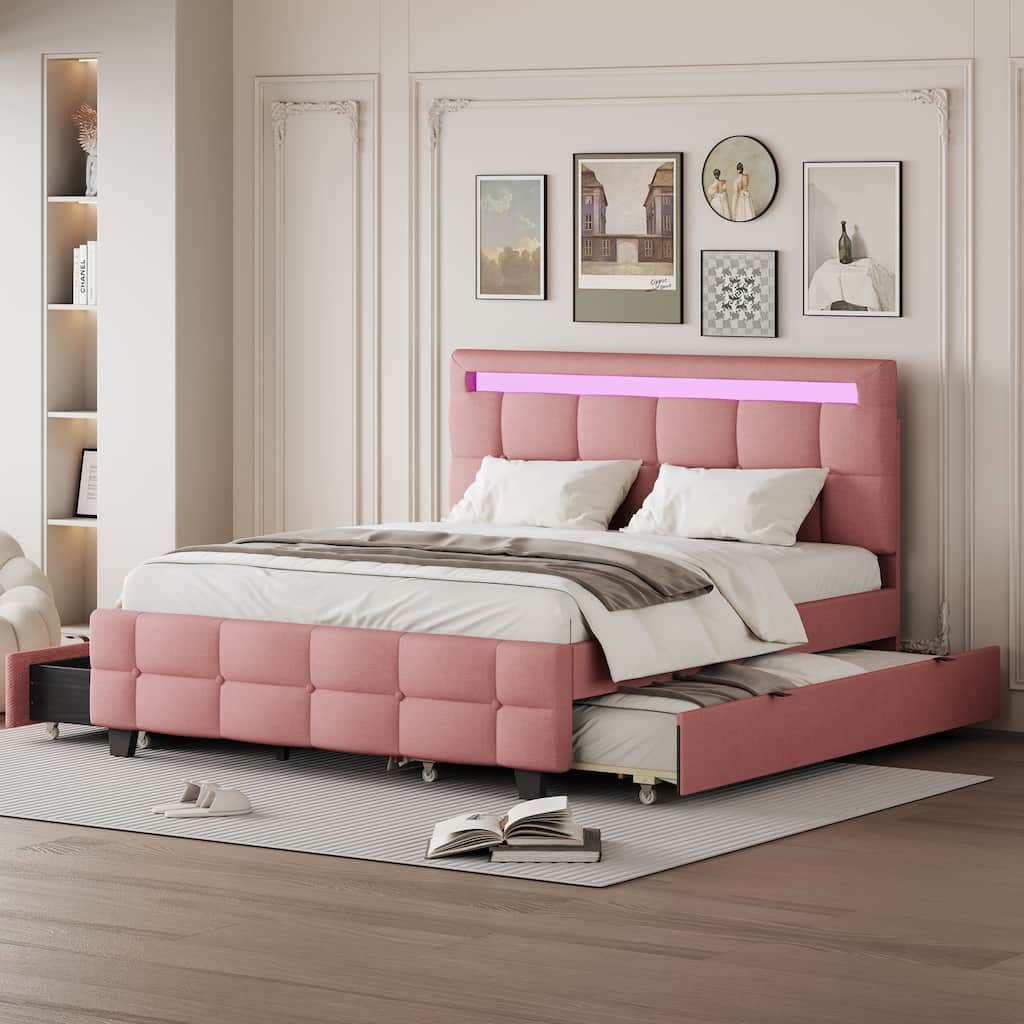 Platform Bed with LED Frame, Trundle & 2 Drawers