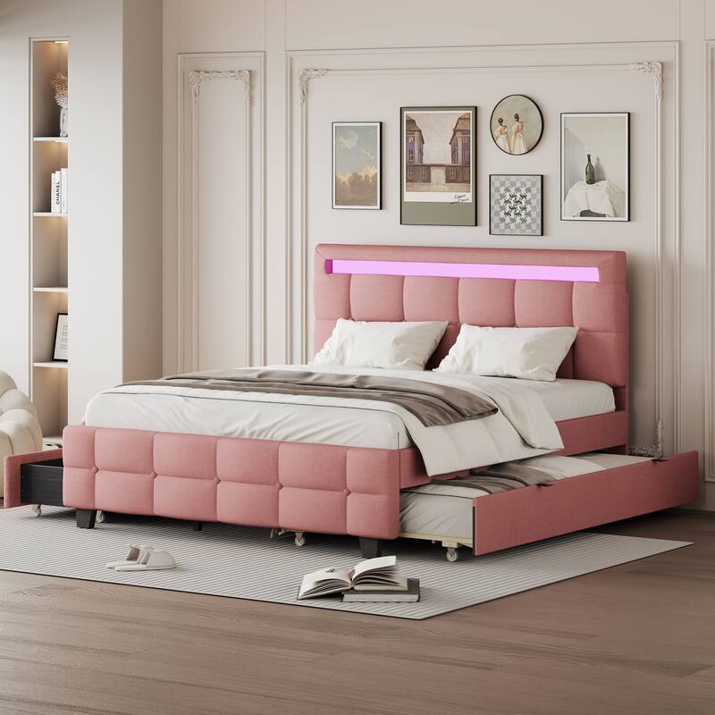 Remote Control LED Headboard Bed Frame Linen Fabric Upholstered Platform Bed with Pull-out Trundle Bed & 2 Drawers