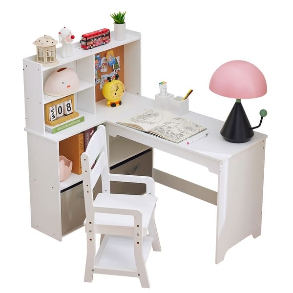 slide 2 of 14, Kids Corner Desk and Chair Set – Study Table with Bookshelf, Cloth Drawer, and Bulletin Board, MDF Wood, for Ages 3–8