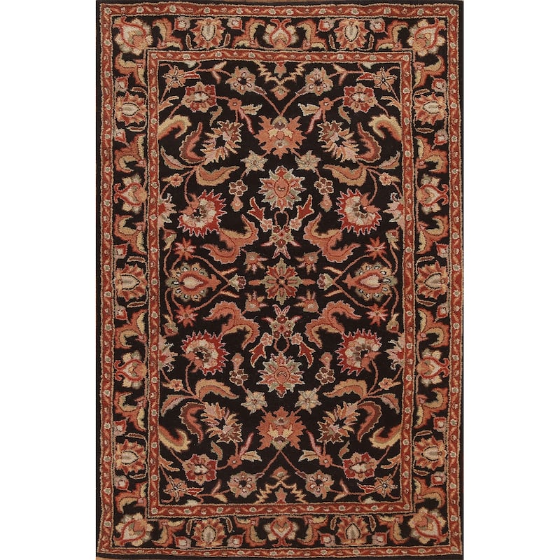 Black Floral Agra Oriental Wool Area Rug Hand-tufted Foyer Carpet - 5'2" x 7'10"