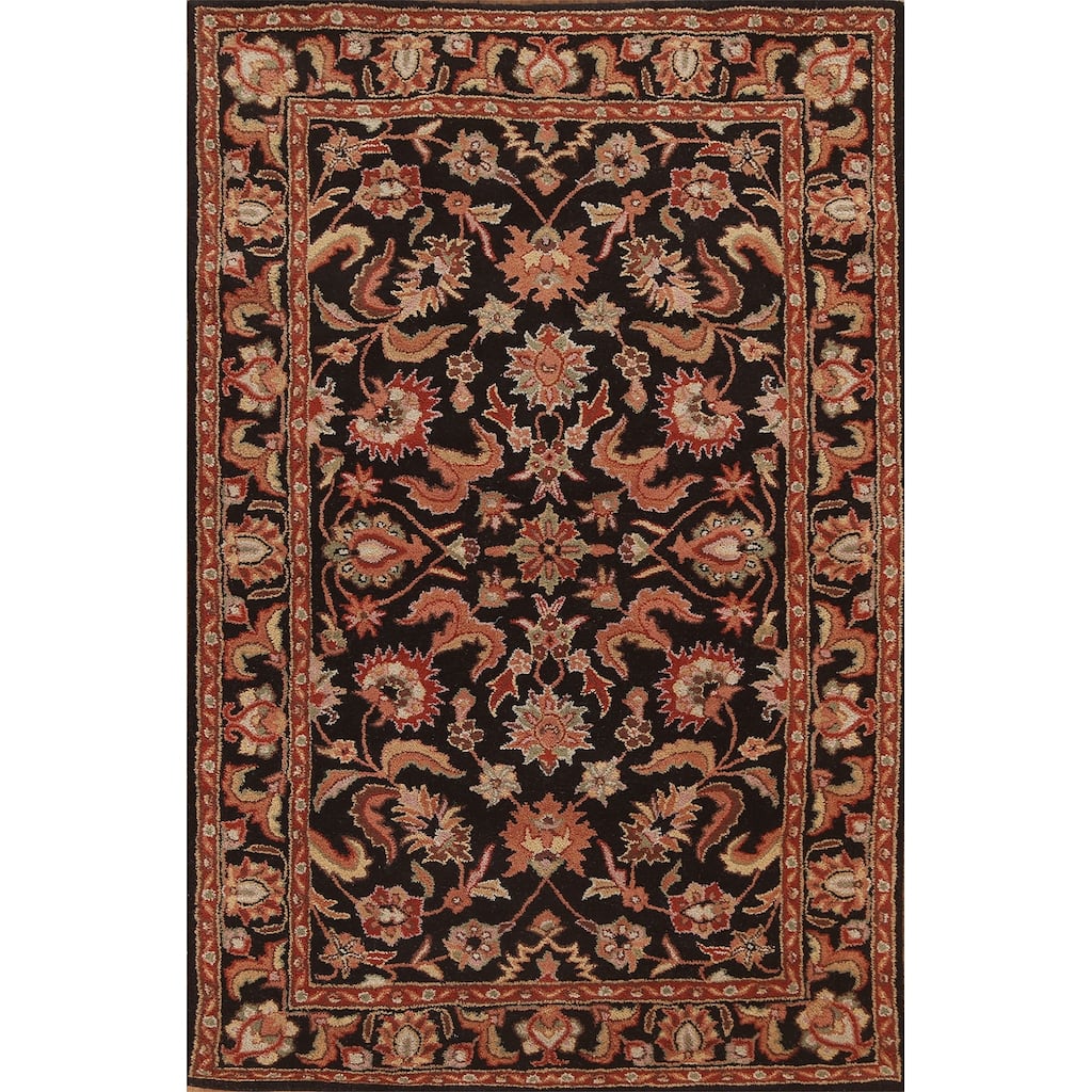 Black Floral Agra Oriental Wool Area Rug Hand-tufted Foyer Carpet - 5'2" x 7'10"