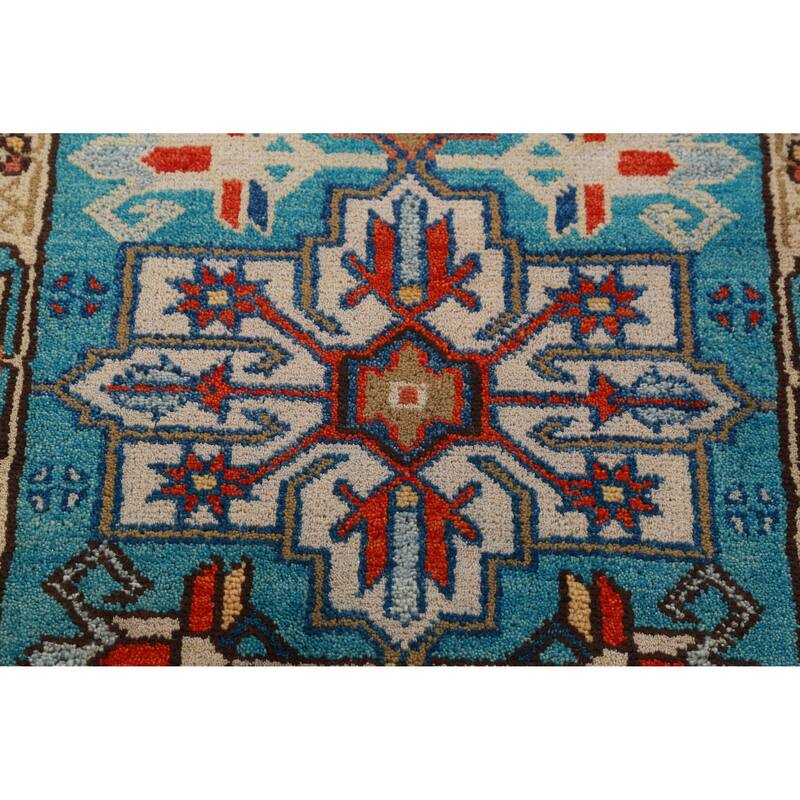 Hand Knotted Oriental 100% Wool Carpet Traditional Geometric Navy Blue & Blues Kazak Runner Rug - 8' 1'' X 2' 7''