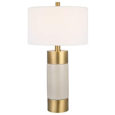Crackle Glazed Cylindrical Table Lamp with Drum Shade - 30.5" - Cream and Brass