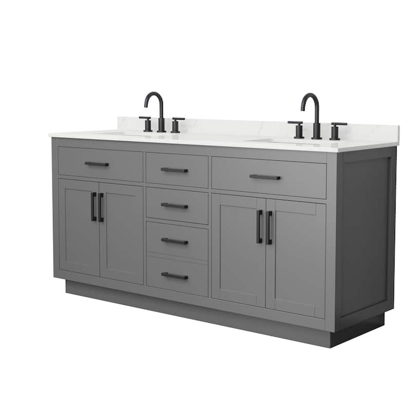 Beckett TK 72-inch Double Vanity, 3 Hole Quartz Top - Dark Gray, Black Trim, Giotto Quartz Top