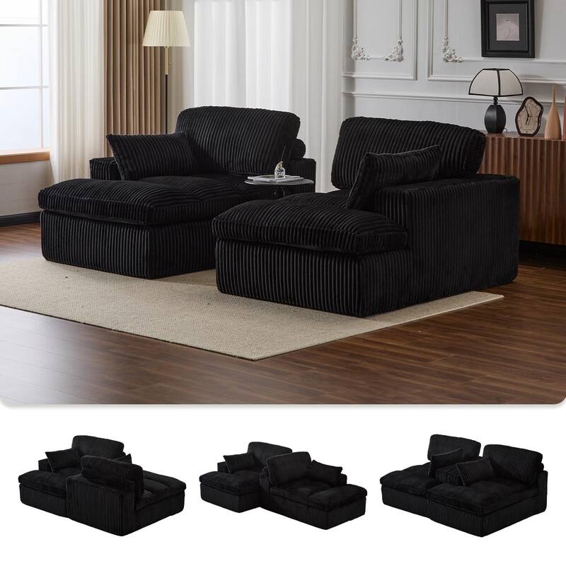 Double Chaise Lounge Chair, Corduroy, Black, No Assembly Required