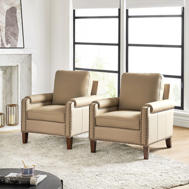 Kunz Transitional Genuine Leather Armchair with Removable Cushion and Nailhead Trims Set of 2 by HULALA HOME - BEIGE