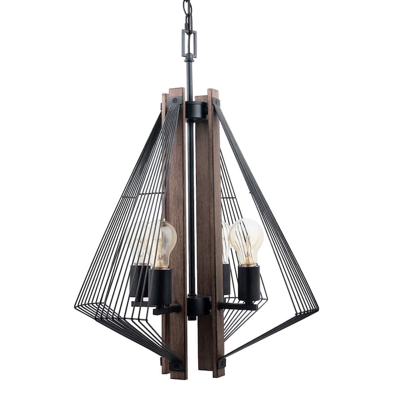 4-Light Black Metal and Wood Pendant Light - 18"D x 18"W x 96"H