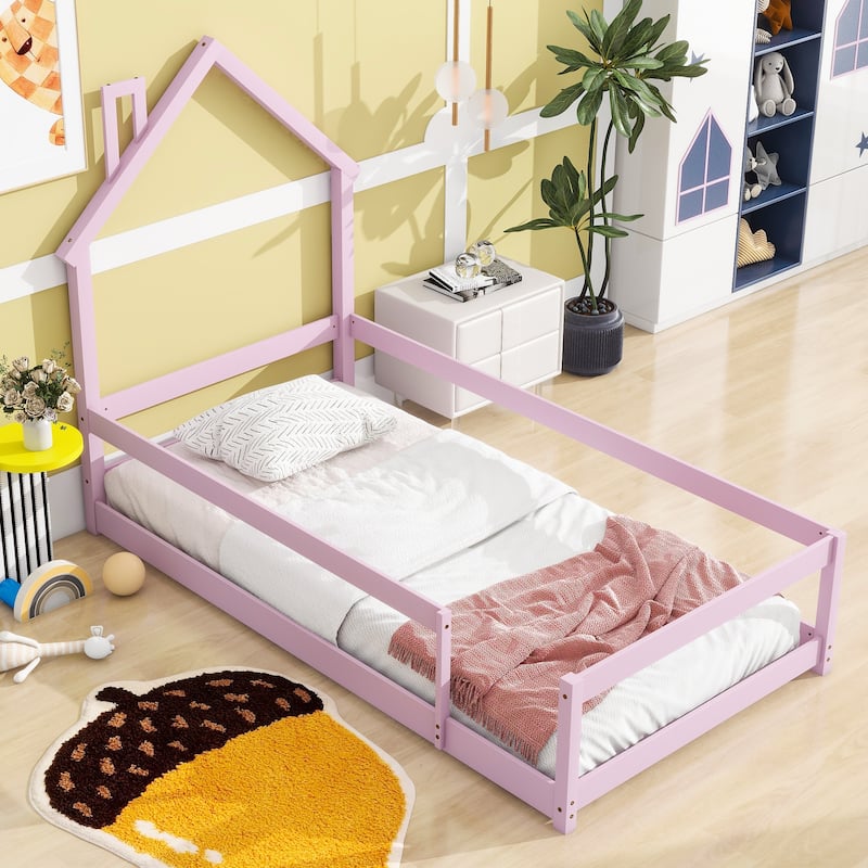 Whimsical Twin Bed with House Design and Safety Guardrails