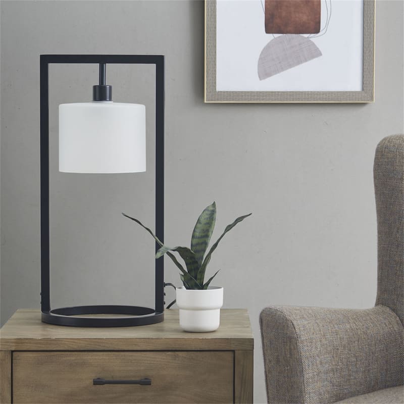 Metal Table Lamp with Glass Drum Shade - Black