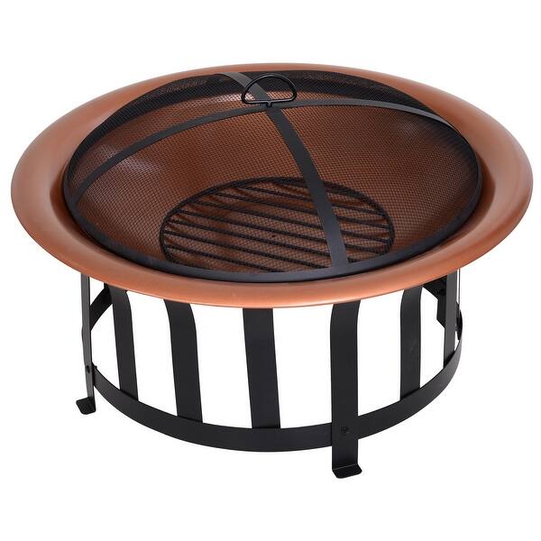 Outsunny Copper-Colored Round Metal Wood Fire Pit Bowl with Black Ornate Base, Poker, & Mesh Screen for Ember Protection Outsunny Copper-Colored Round Metal Wood Fire Pit Bowl with Black Ornate Base, Poker, & Mesh Screen for Ember Protection