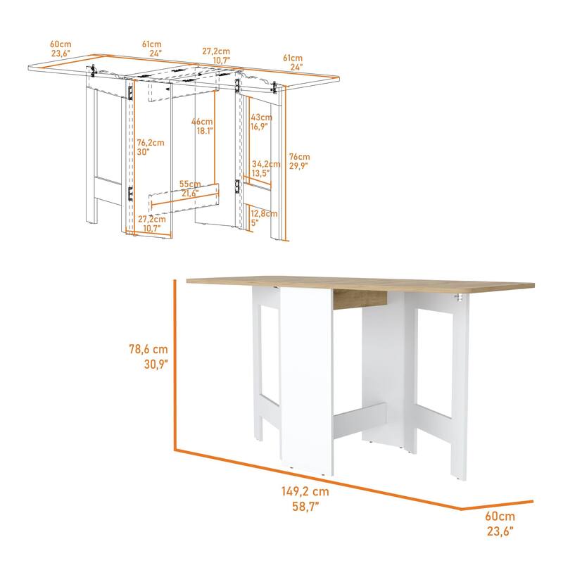 FM Furniture Kailua Folding Dining Table, Space-Saving, Foldable in 3 Forms