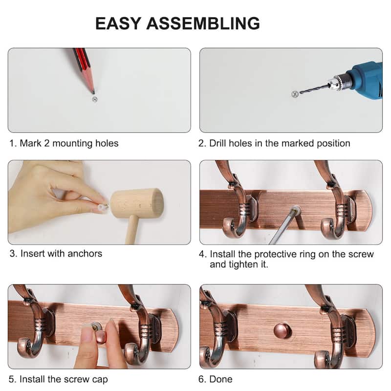 Dual Wall Hook Stainless Steel Base 9.6 Inch 3 Hooks Coat Towel Holder - Copper