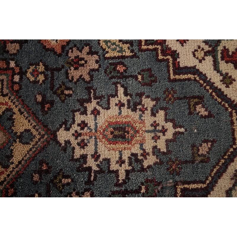 Blue Geometric Heriz Serapi Indian Area Rug Hand-Knotted Wool Carpet - 4'2"x 6'1"