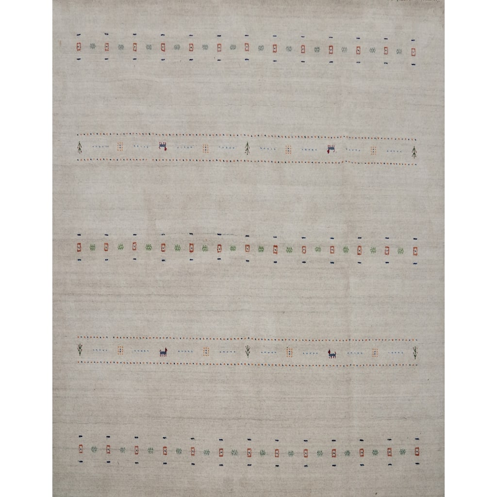 Hand Knotted Oriental 100% Wool Carpet Tribal Animal Pictorial Beige & Ivories Gabbeh Area Rug - 8' 0'' X 8' 2''