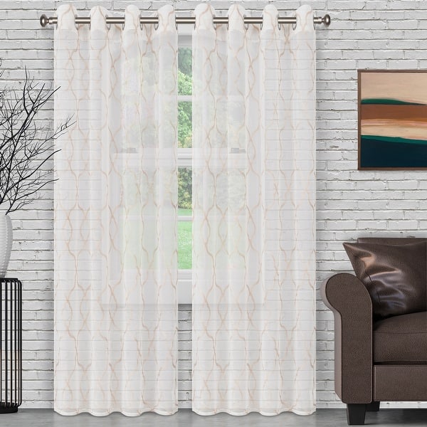 slide 2 of 4, Superior Modern Geometric Lattice Sheer Curtain Set with 2 Panels 52" X 63" - Champagne
