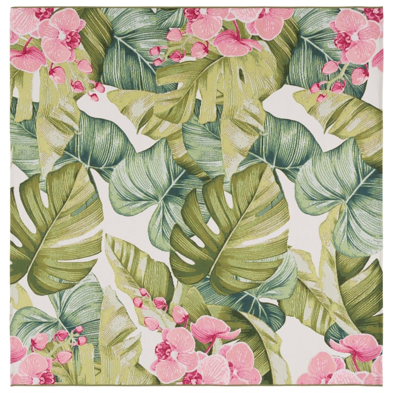 SAFAVIEH Barbados Betzy Tropical Indoor/Outdoor Waterproof Rug - 6'6" Square - Green/Pink