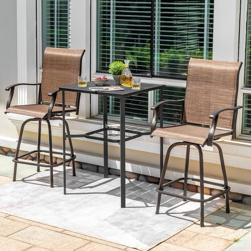 Outdoor 3-Piece Textilene Bar Set, Swivel Bar Stools and Umbrella Hole, Black and Brown with Gold Speckles