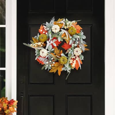 20" Thanksgiving Fall Pumpkins Autumn Wreath for Front Door - N/A