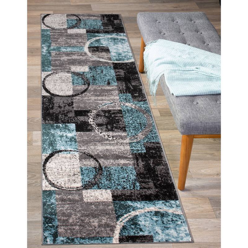 World Rug Gallery Abstract Polypropylene Machine-Made Circle Area Rug - 2' x 10' Runner - Blue/Grey