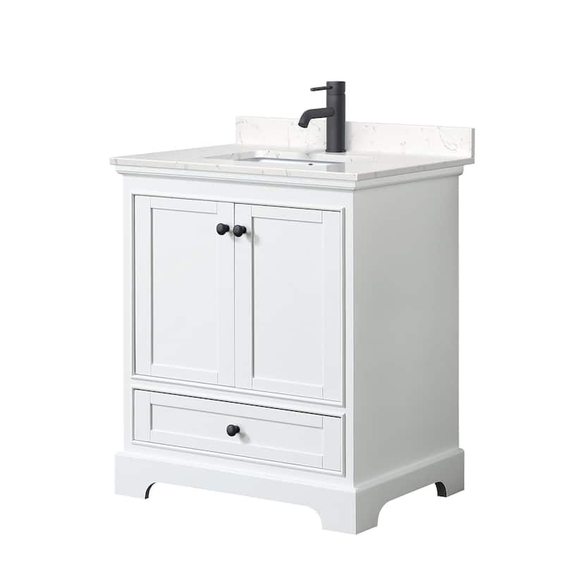 Wyndham Collection Deborah 30" Free Standing Single Basin Vanity Set - White / Carrara Cultured Marble Top / Matte Black