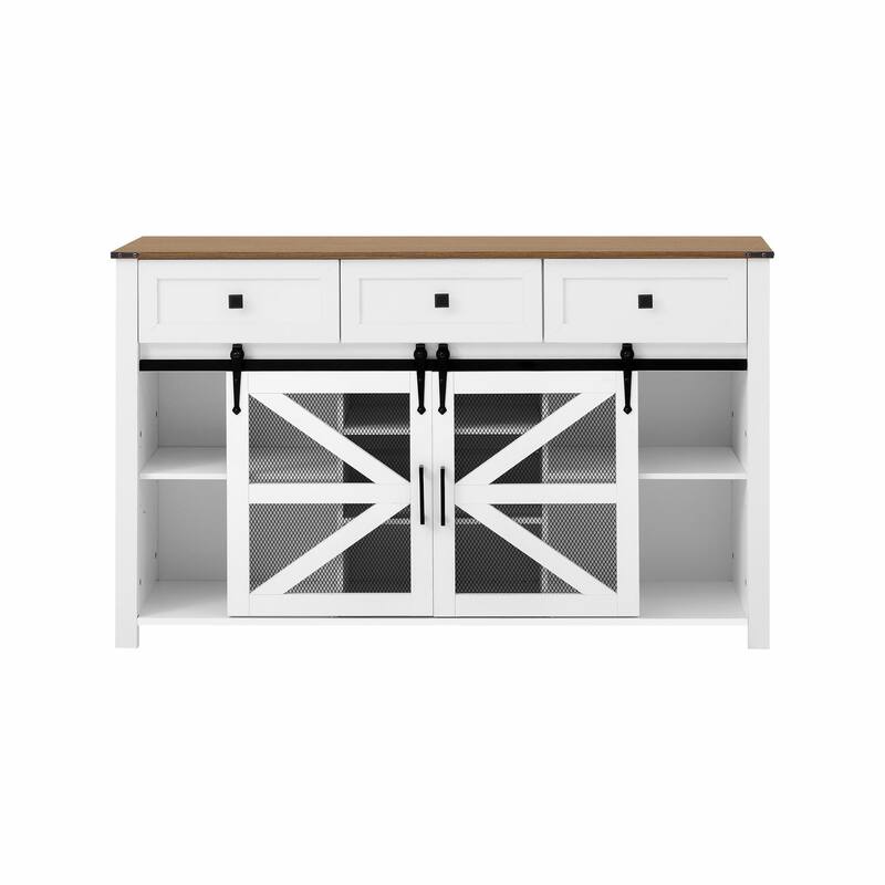 55'' Sliding Barn Door Sideboard with 3 Drawers, Particle Board & Metal Mesh Storage Cabinet