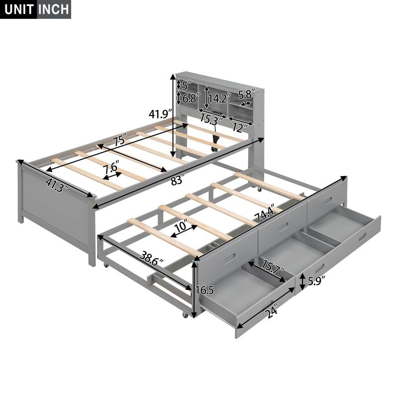 Twin/Full Size Platform Bed with USB Storage Headboard, Trundle Bed, and 3 Drawers, Pine Wood and MDF