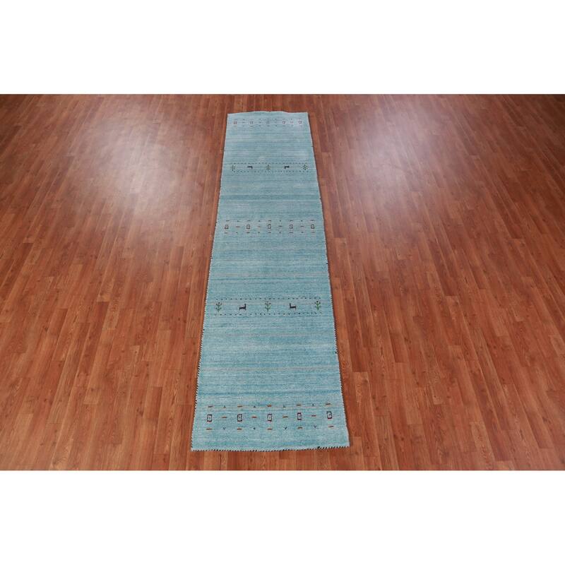 Hand Knotted Oriental 100% Wool Carpet Tribal Animal Pictorial Navy Blue & Blues Gabbeh Runner Rug - 9' 11'' X 2' 9''