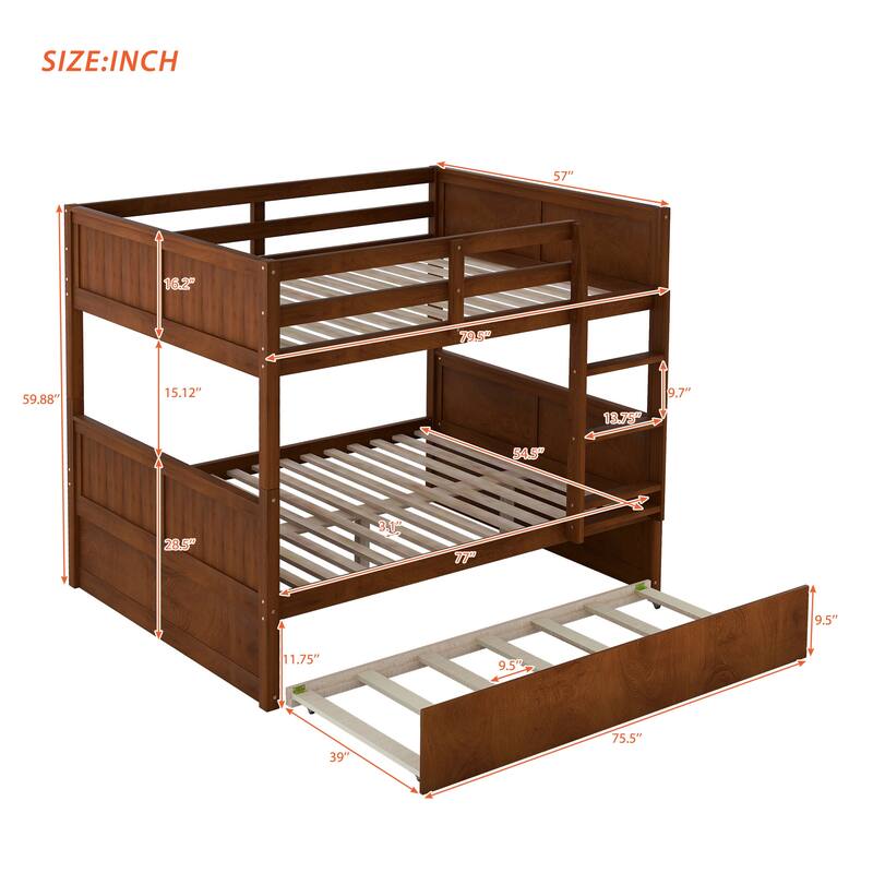 Full Over Full Bunk Bed with Twin Trundle, Walnut Finish, Convertible Design